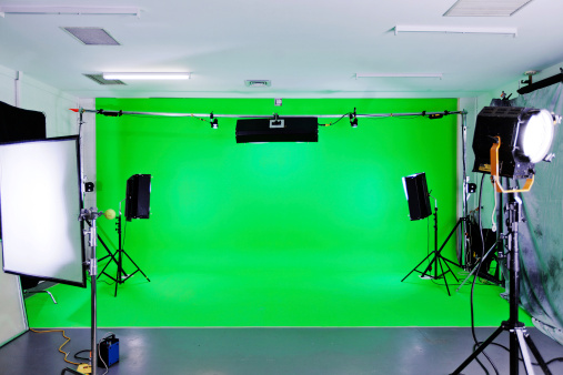 Green Screen video production studio with lights set ready for filming
